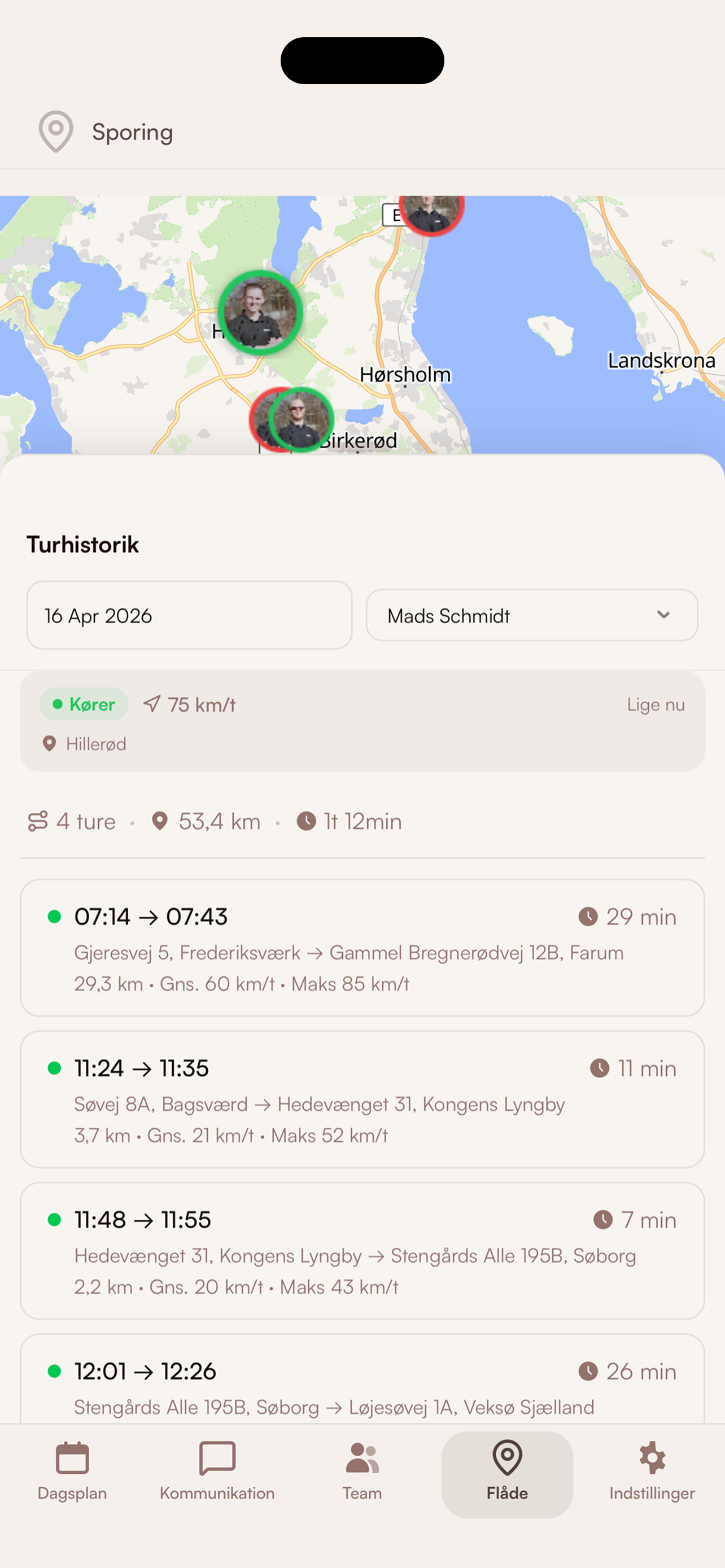 Live GPS-sporing og turhistorik i Clientflow iPhone-appen