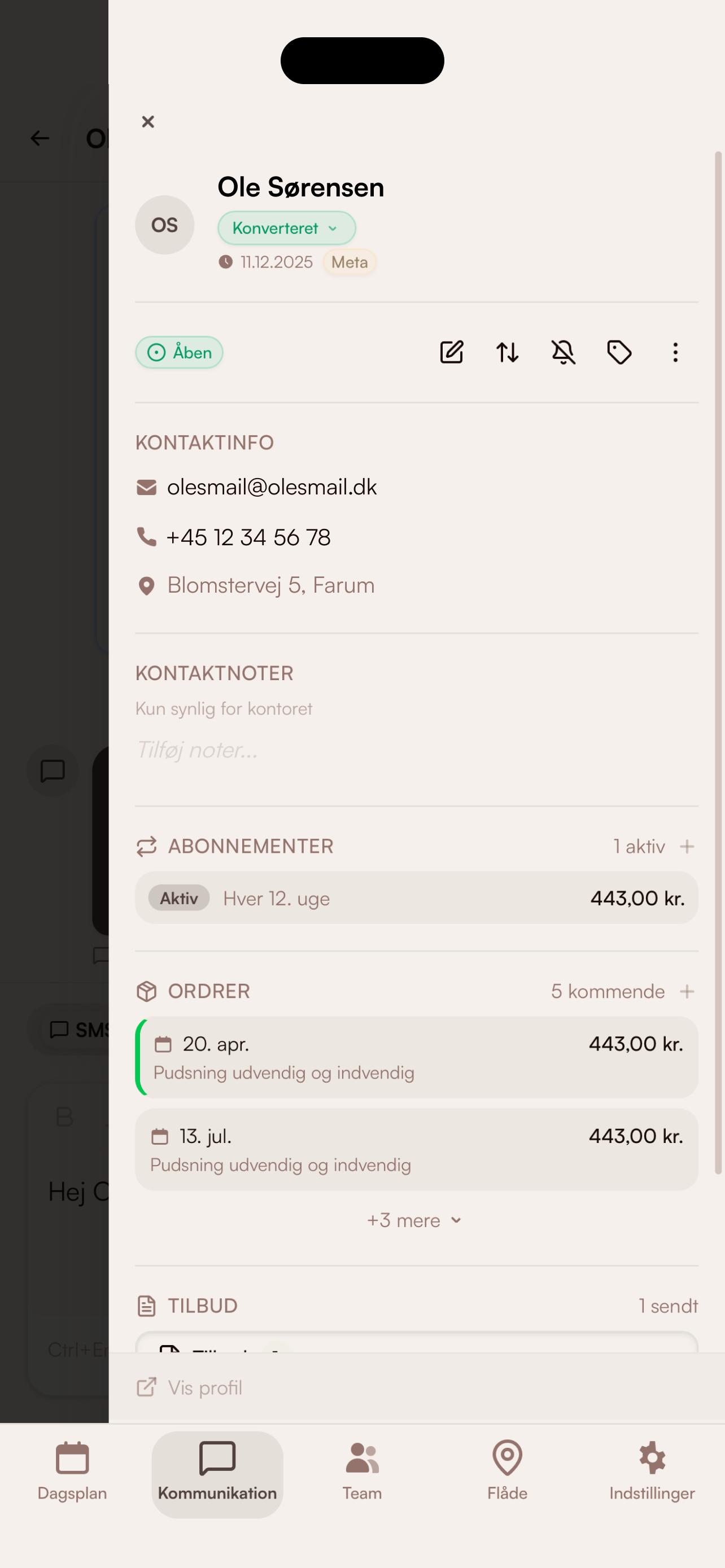 Kundeprofil i Clientflow-appen — abonnement, kommende ordrer og tilbud