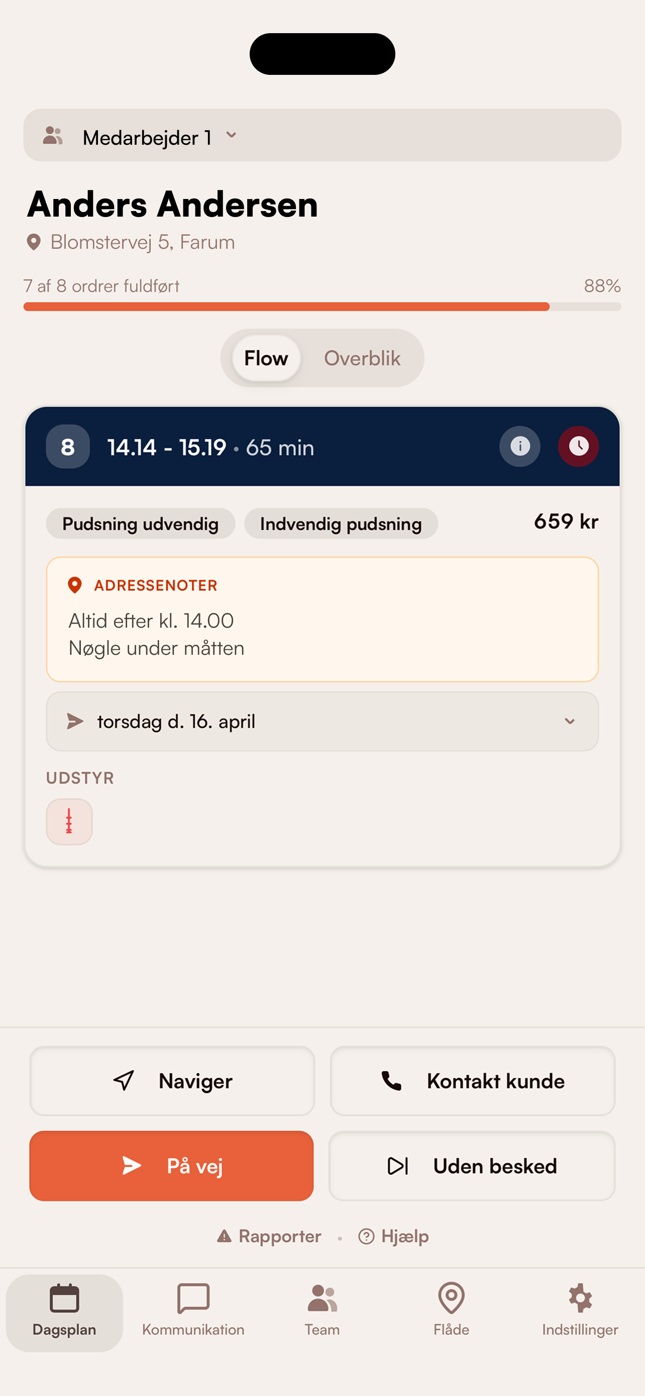 Opgave-detalje på iPhone — adressenoter, tidsvindue og navigation